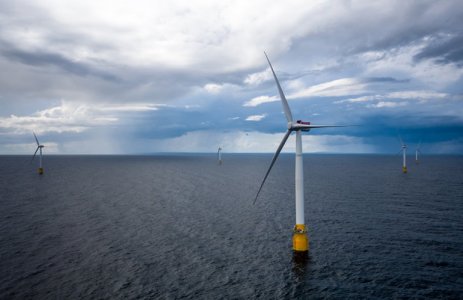 Wind turbines floating offshore of California